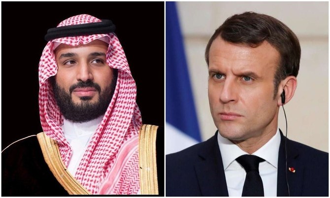 サウジアラビアのムハンマド・ビン・サルマン皇太子とフランスのエマニュエル・マクロン大統領。(ファイル/SPA/AFP)